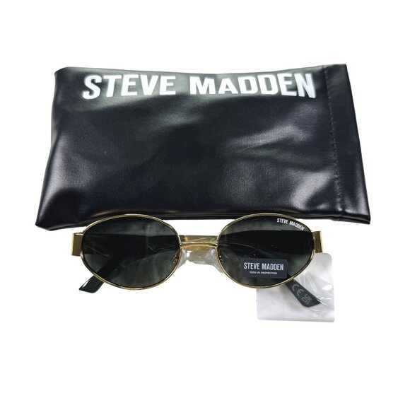 Steve Madden Oval Sunglasses With Black Case Gold Frame Black Lens Unisex UV - Picture 1 of 10